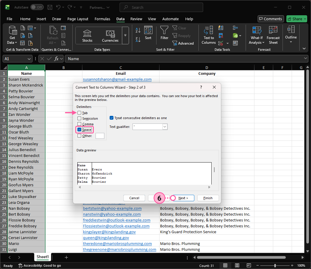 Feuille Excel avec la section Convert Text to Columns Wizard Step 2 of 3 (Assistant Conversion - Étape 2 sur 3) et l’option Space (Espace) sélectionnée, et le bouton Next (Suivant)