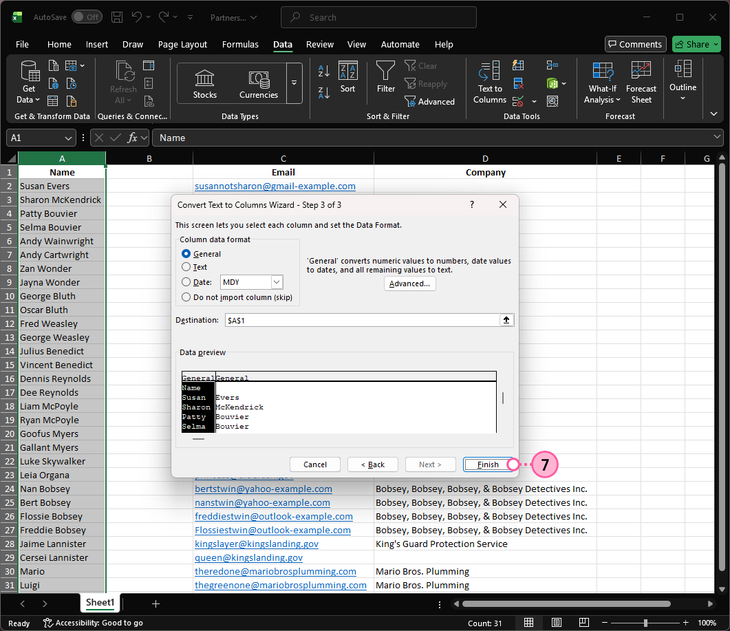Feuille Excel avec la section Convert Text to Columns Wizard Step 3 of 3 (Assistant Conversion - Étape 3 sur 3) et le bouton Finish (Terminer)