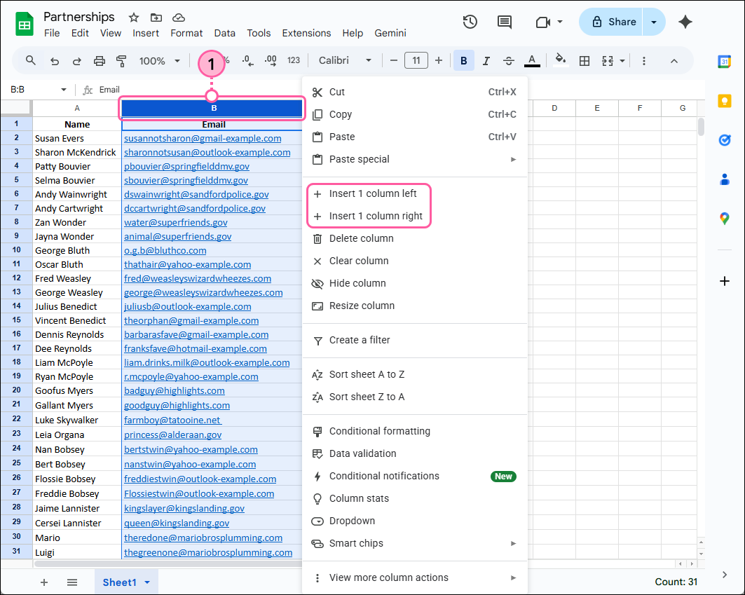 Feuille Google Sheets avec colonne sélectionnée, menu de colonne développé et options « Insert 1 column left » (Insérer une colonne à gauche) ou « Insert 1 column right » (Insérer une colonne à droite)