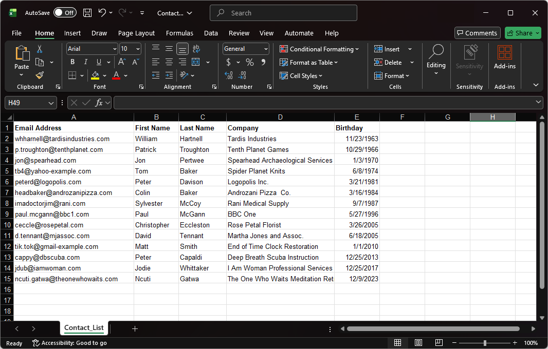 Exemple de feuille Excel