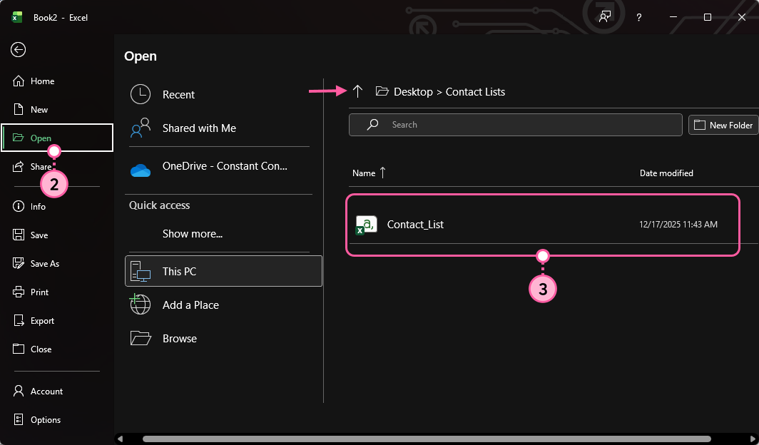 Menu File (Fichier) Excel avec l’option Open (Ouvrir) sélectionnée, un dossier sélectionné et un fichier CSV sélectionné