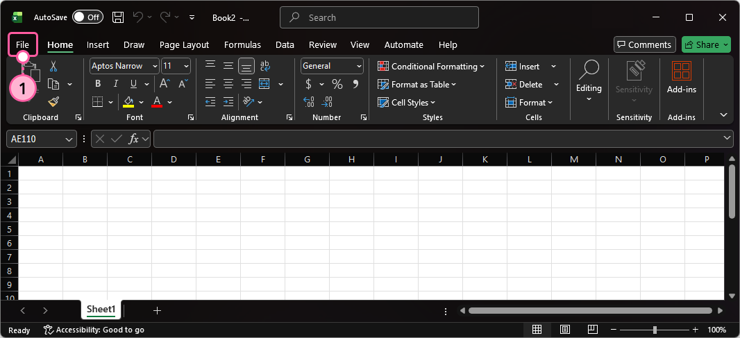 Feuille Excel vierge et onglet File (Fichier)