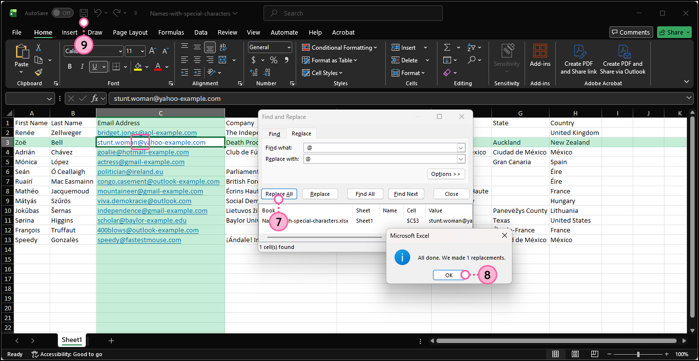 Excel Find and Replace overlay, Replace tab selected, Replace All button, All done message and OK button, and Save button