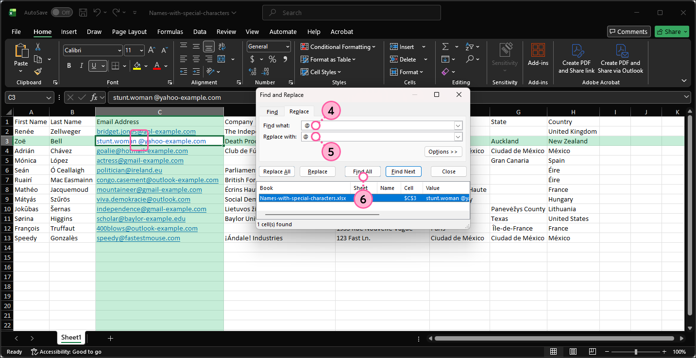 Excel Find and Replace overlay, Replace tab selected, Find what field, Replace with field, and Find Next button