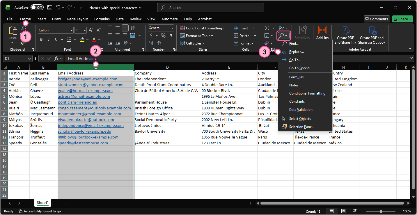 Excel Home tab, Email Address column selected, Find & Select menu expanded, and Replace... option