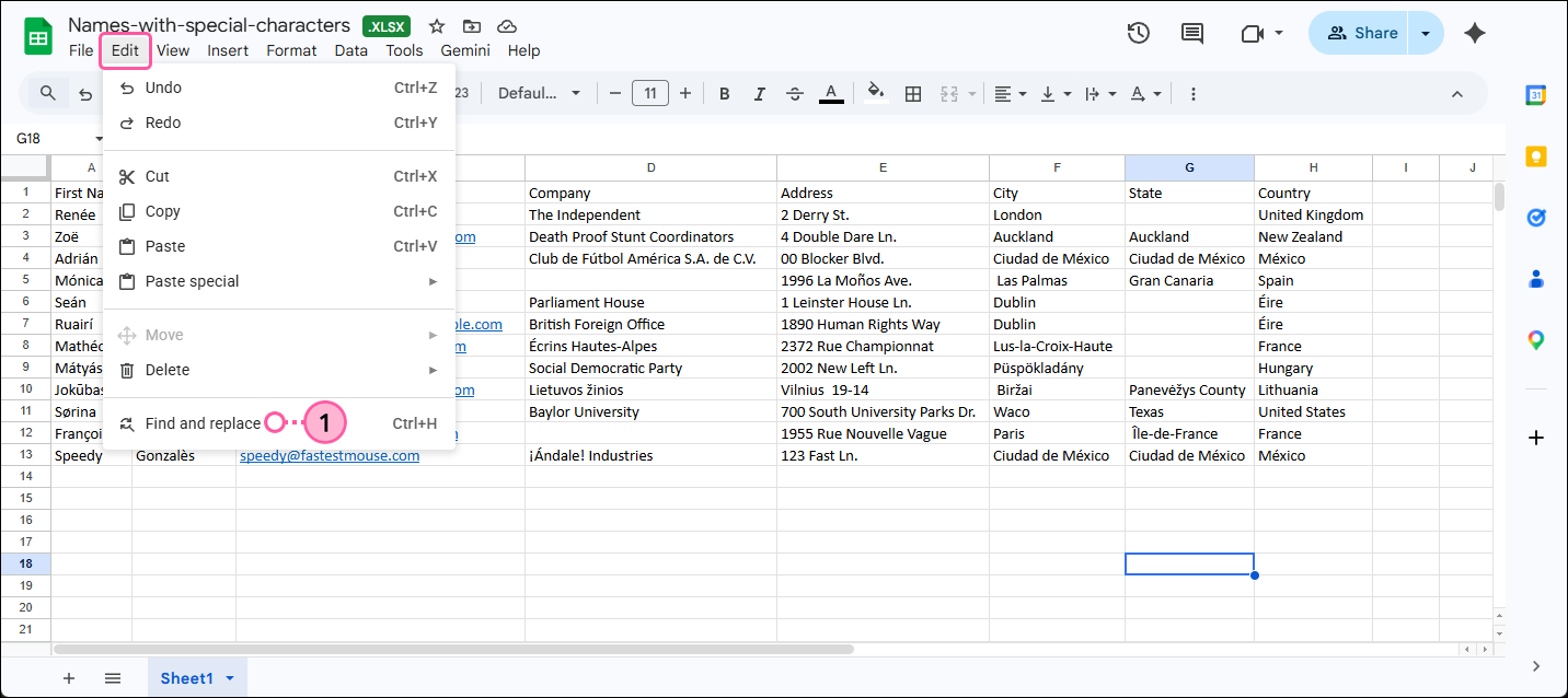 Google Sheet with Edit drop-down menu expanded and Find and replace option selected
