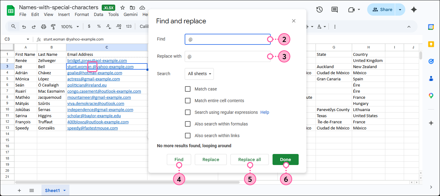 Google Sheet with Find and replace overlay with Find field, Replace with field, Replace all button, and Done button