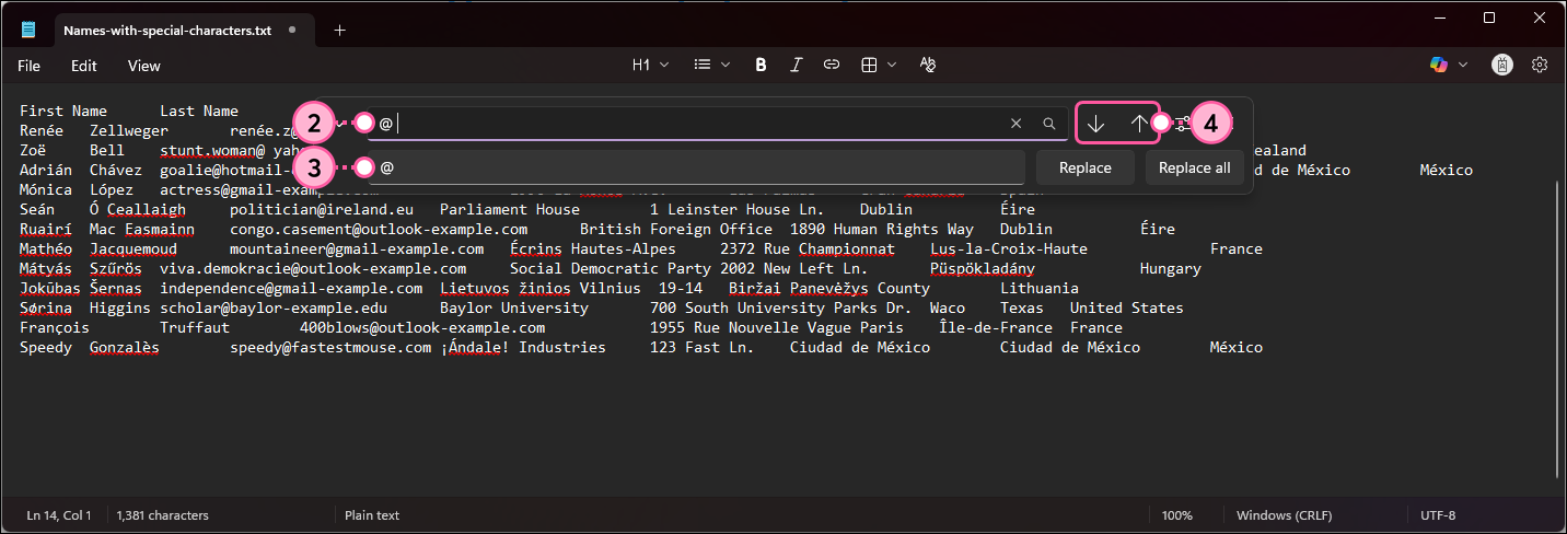 Notepad Replace overlay with Find what field, Replace with field, and Find Next button