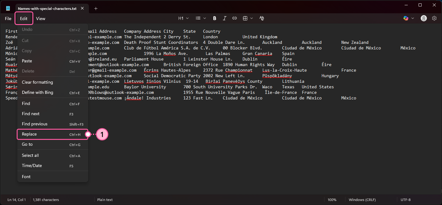 Notepad Edit menu expanded and Replace option