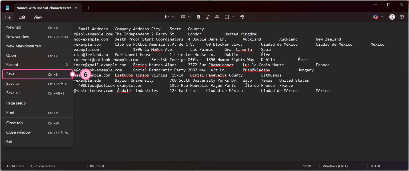Notepad File menu expanded and Save option