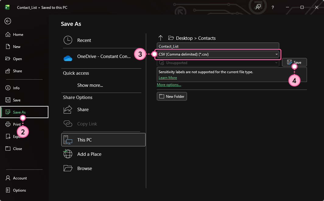 Excel File options menu with Save As option selected, file name field and file type drop-down menu with CSV option selected, and Save button