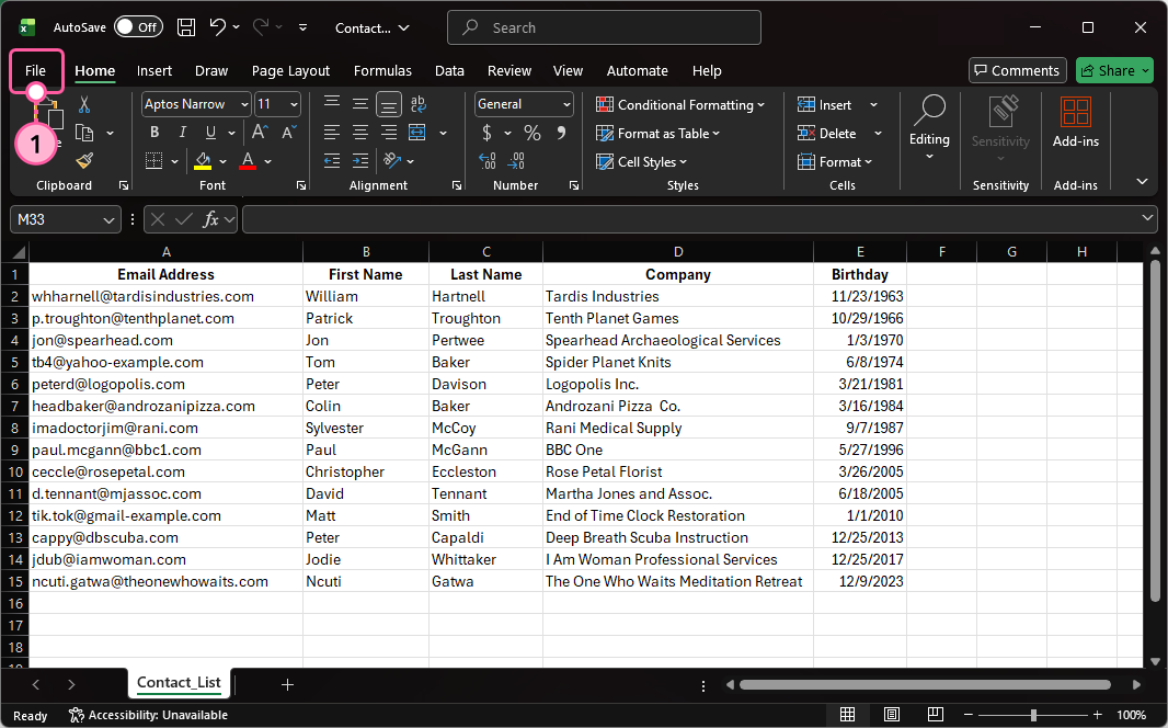 Excel spreadsheet and File tab