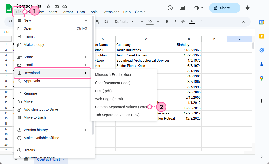 Google Sheet with File menu expanded, Download option selected, and Comma Separated Values option selected