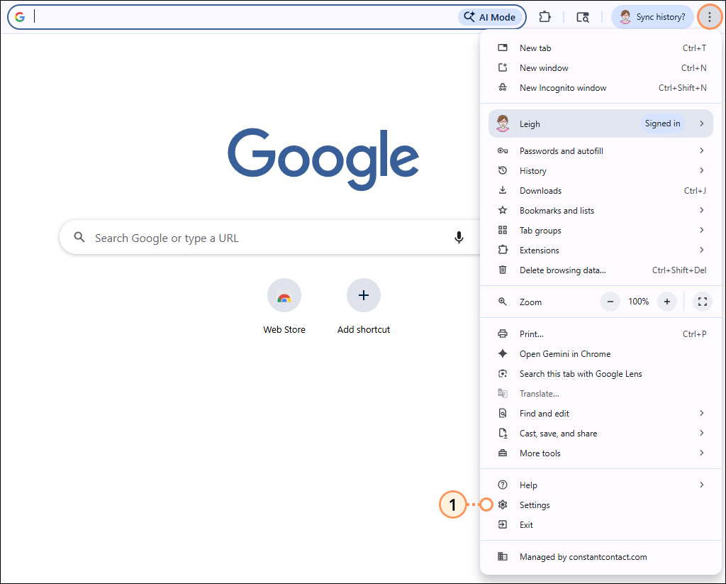 Google homepage, Customize and control menu expanded, and Settings option