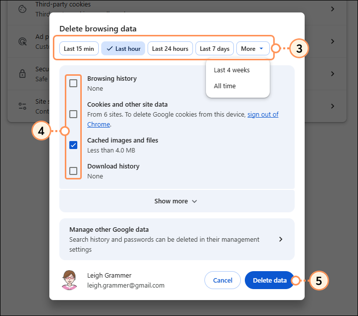 Clear browsing data overlay, Time range drop-down menu, data options, and Clear data button