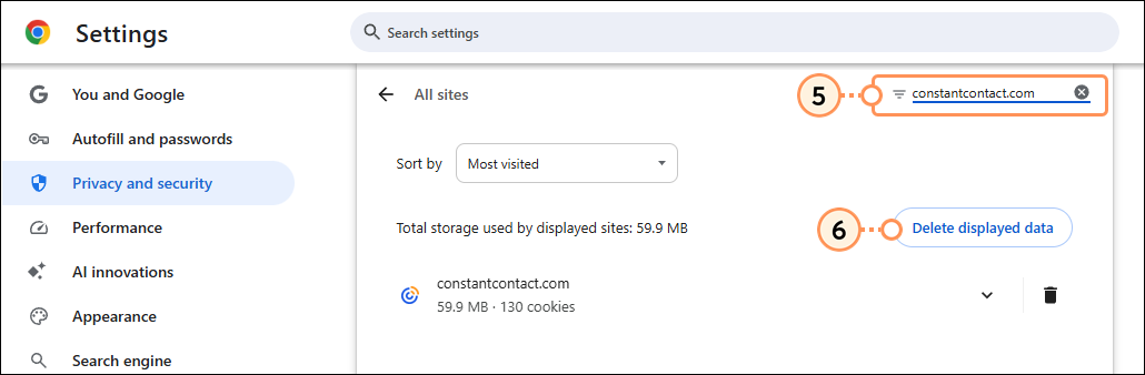 Google Settings, Privacy and security selected, All cookies and site data with Search field and search results, and Remove All Shown button