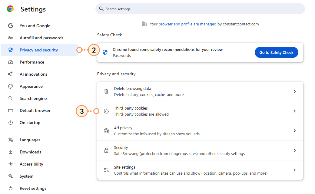 Google Settings, Privacy and security selected, and Third Party Cookies option
