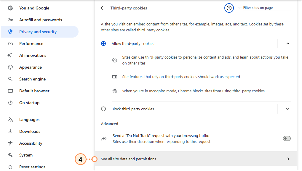 Google Settings, Privacy and security selected, See all cookies and site data option