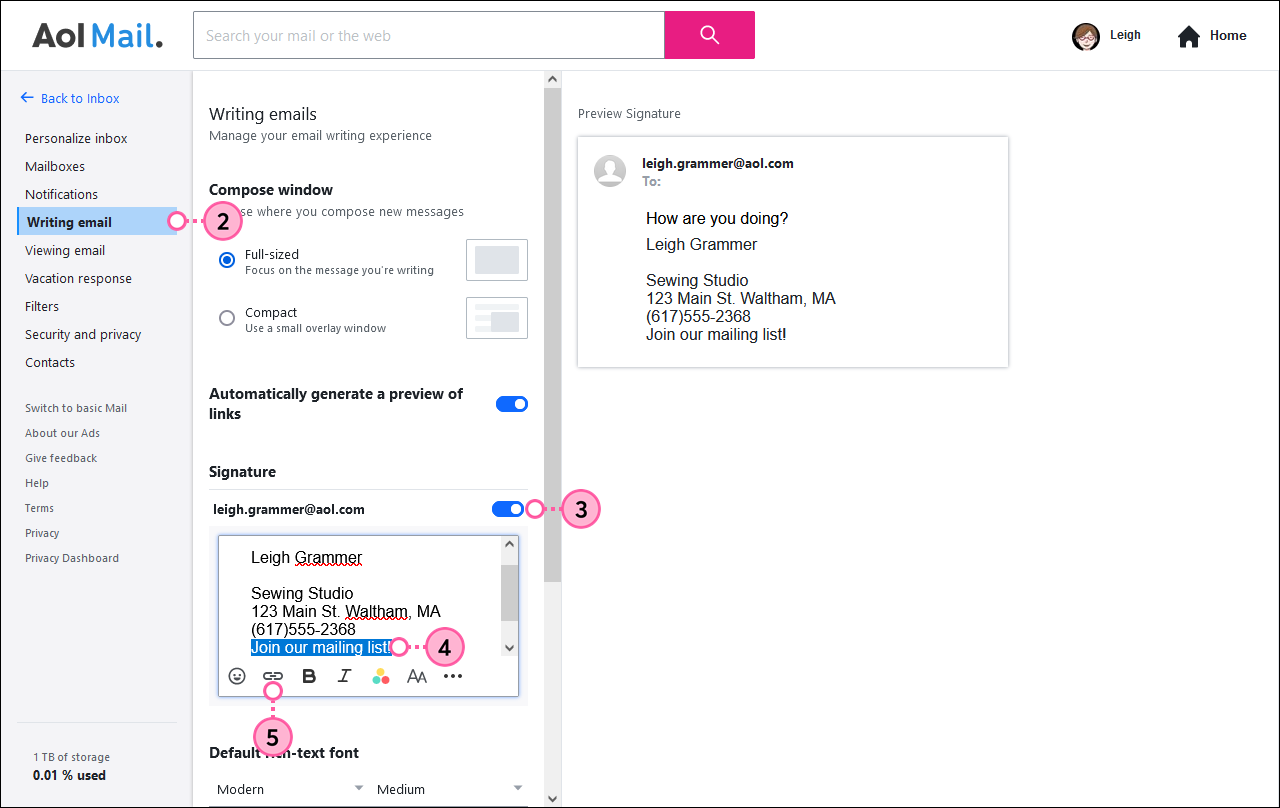 Aol-Menü Weitere Einstellungen mit ausgewählter Option E-Mails schreiben, Optionen E-Mails schreiben mit aktivierter Signatur, Linktext und Schaltfläche Link