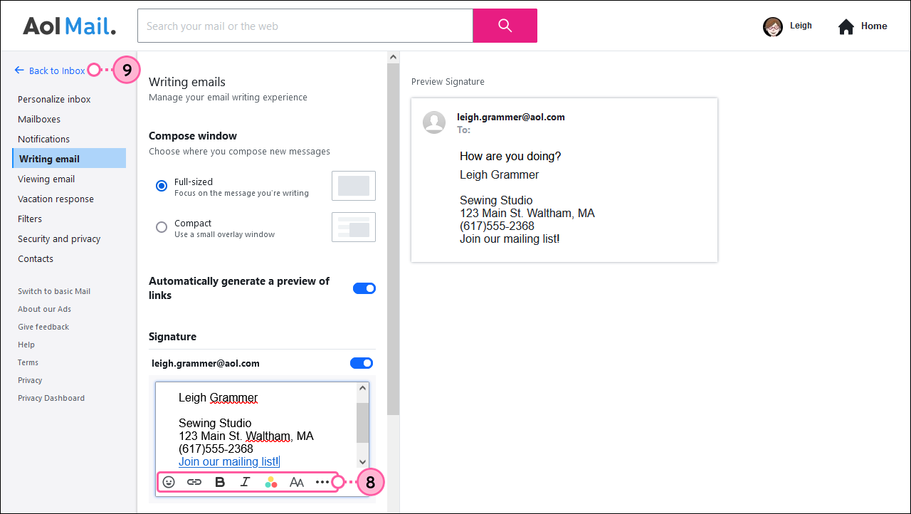Aol-Menü Weitere Einstellungen mit der Option Writing email (E-Mail schreiben), dem Abschnitt Signature (Signatur) mit dem Menü mit den Bearbeitungswerkzeugen und dem Link Back to home (Zurück zur Startseite)