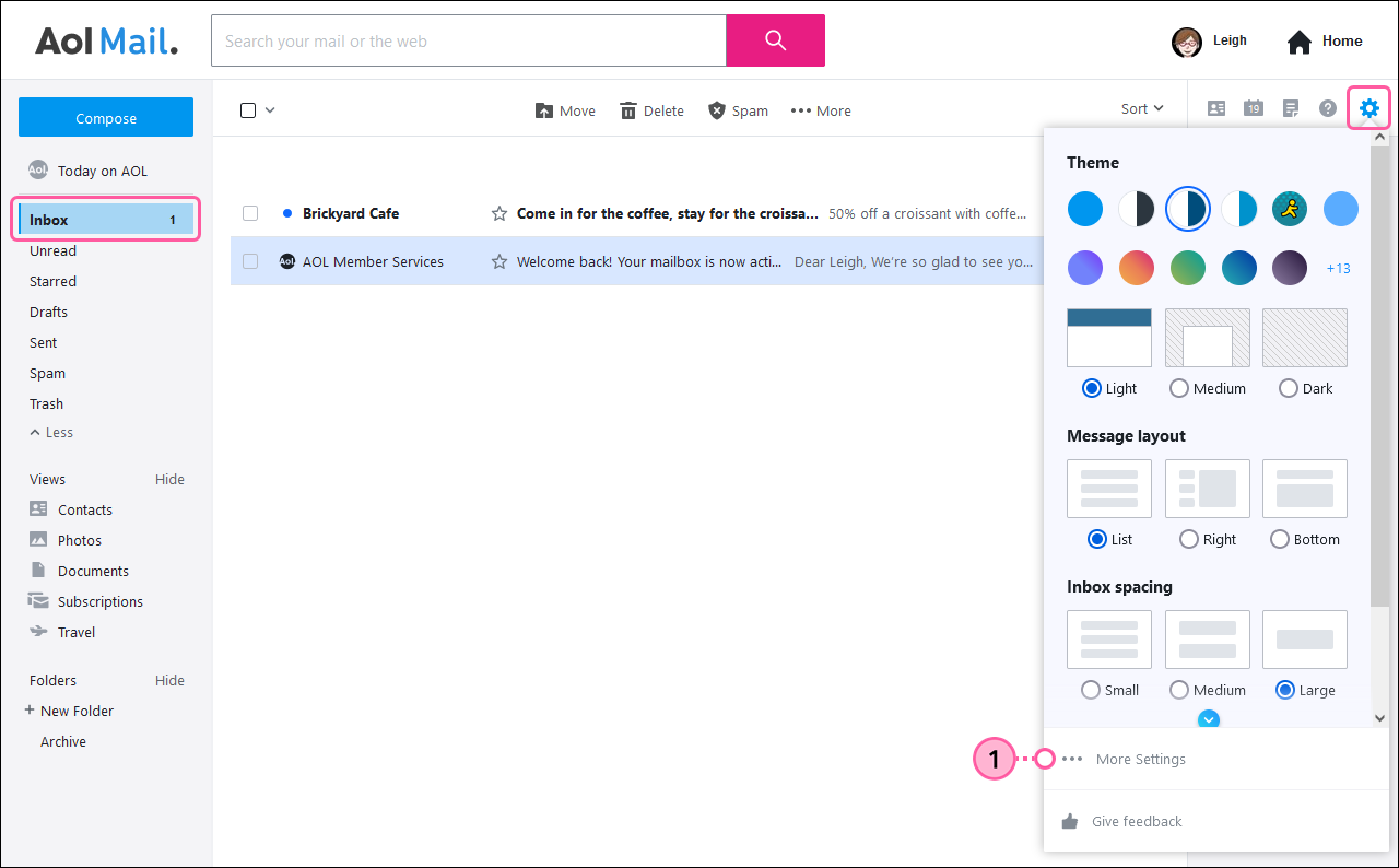 AOL-Posteingang, Menü Einstellungen geöffnet und Option Weitere Einstellungen ausgewählt