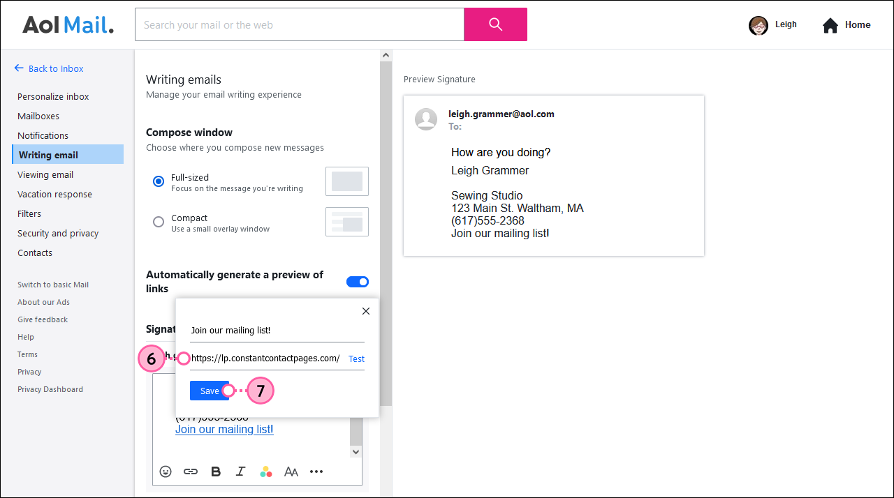 Aol Optionen für das Schreiben von E-Mails Abschnitt Signature (Signatur) mit Overlay Link, Feld Link und Schaltfläche Save (Speichern)