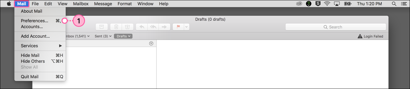 Menü Mail (E-Mail) und Option Settings (Einstellungen)