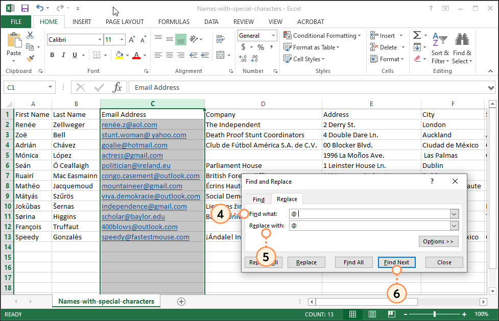 Overlay Excel Suchen und Ersetzen, ausgewählter Tab Ersetzen, Feld Suchen nach, Feld Ersetzen durch und Schaltfläche Nächste suchen