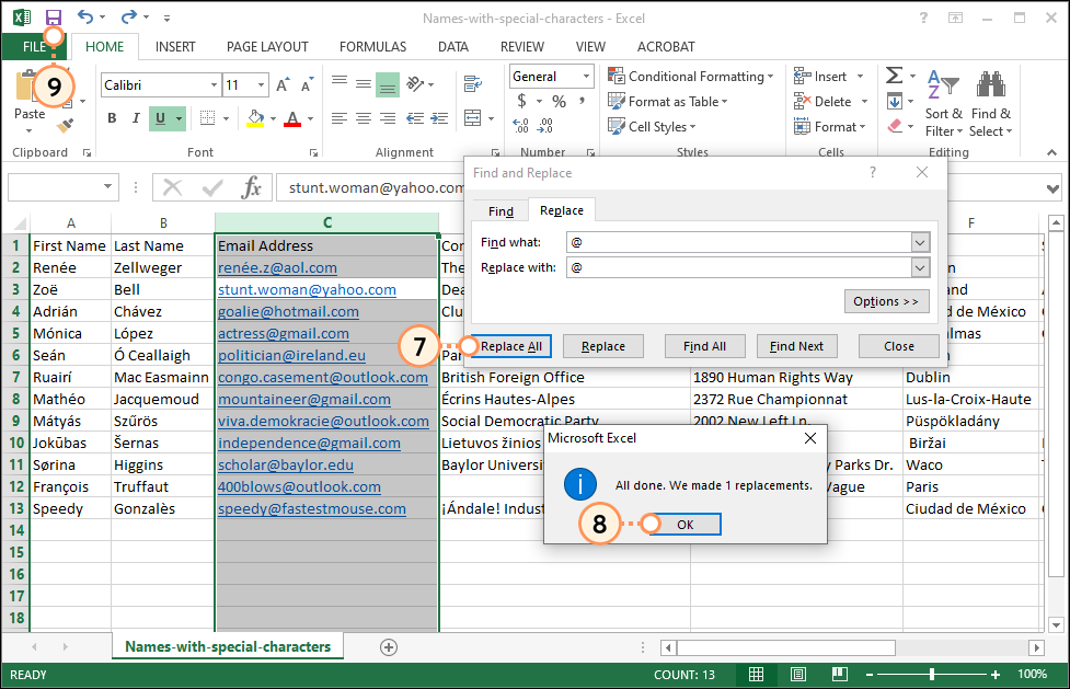 Overlay Excel Suchen und Ersetzen, ausgewählter Tab Ersetzen, Schaltfläche Alle ersetzen, Nachricht Alles abgeschlossen und Schaltfläche OK, und Schaltfläche Speichern