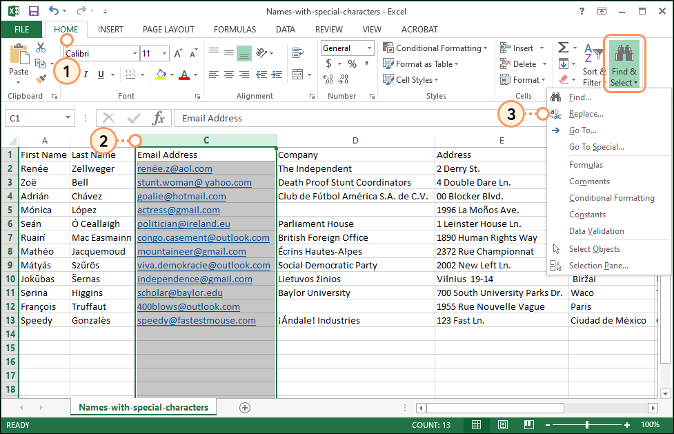 Tab Excel Home, ausgewählte Spalte E-Mail-Adresse, erweitertes Menü Suchen und Auswählen und Option Ersetzen