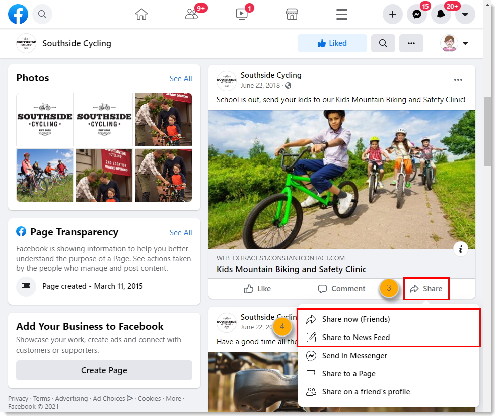 Publicación social en una página empresarial de Facebook, con menú expandido de Compartir y la opción Compartir ahora con amigos