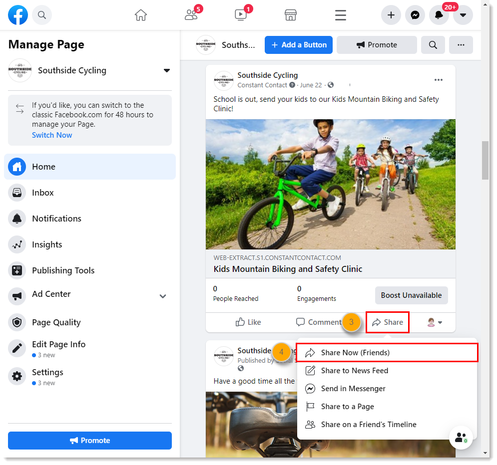 Social Post sur une page pro Facebook, avec menu Partager développé et option Partager maintenant (amis)