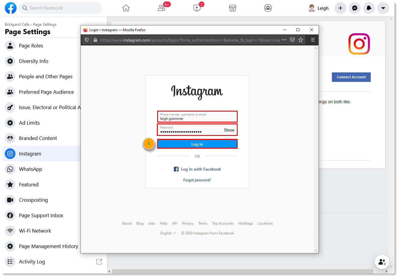 Instagram username and password fields, and Log In button