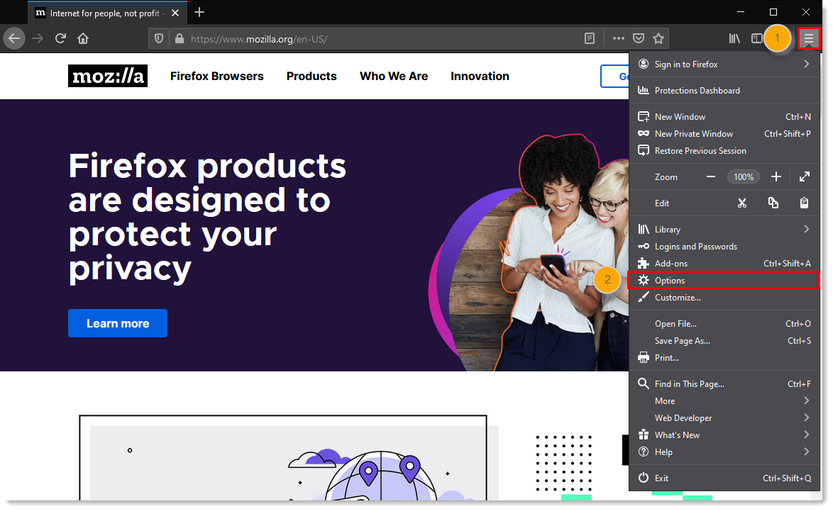 Browser menu expanded and Options option