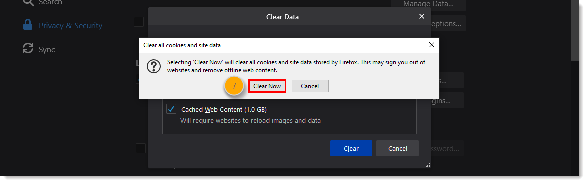 Clear all cookies and site data overlay, and Clear Now button