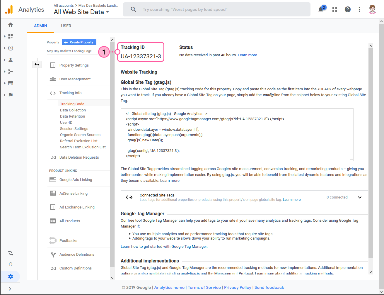 Google Analytics admin panel, Tracking info menu, Tracking code option, and Tracking ID