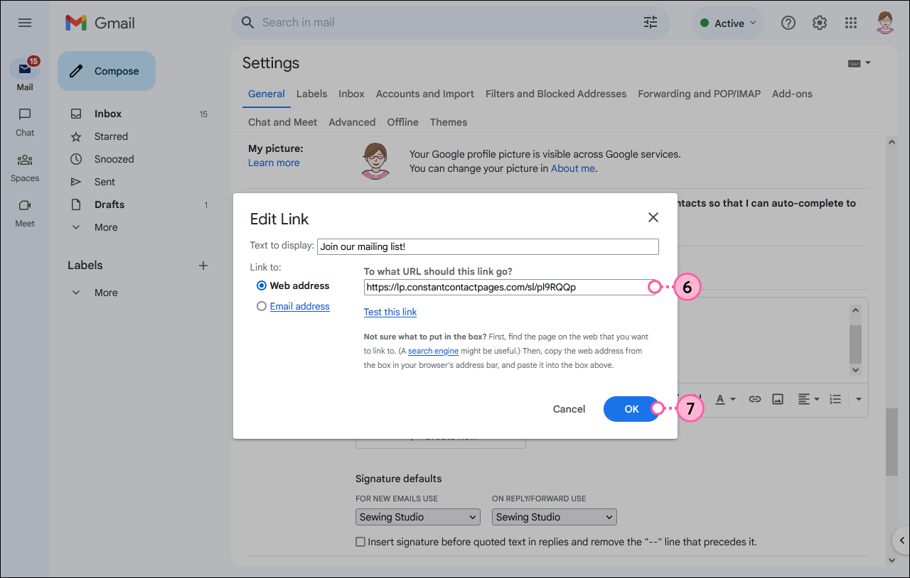 Gmail Einstellungen, Abschnitt Signature (Signatur) mit Overlay Edit Link (Link bearbeiten), Link zum Abschnitt mit ausgewählter Option Web address (Webadresse) und Feld Link und Schaltfläche OK (O.K.)