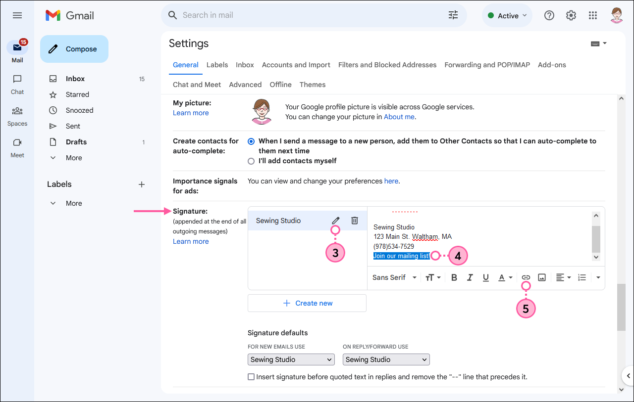 Google Mail Einstellungen, Abschnitt Signature (Signatur) Schaltfläche Edit (Bearbeiten) und Signatur mit Link-Text und Schaltfläche Link