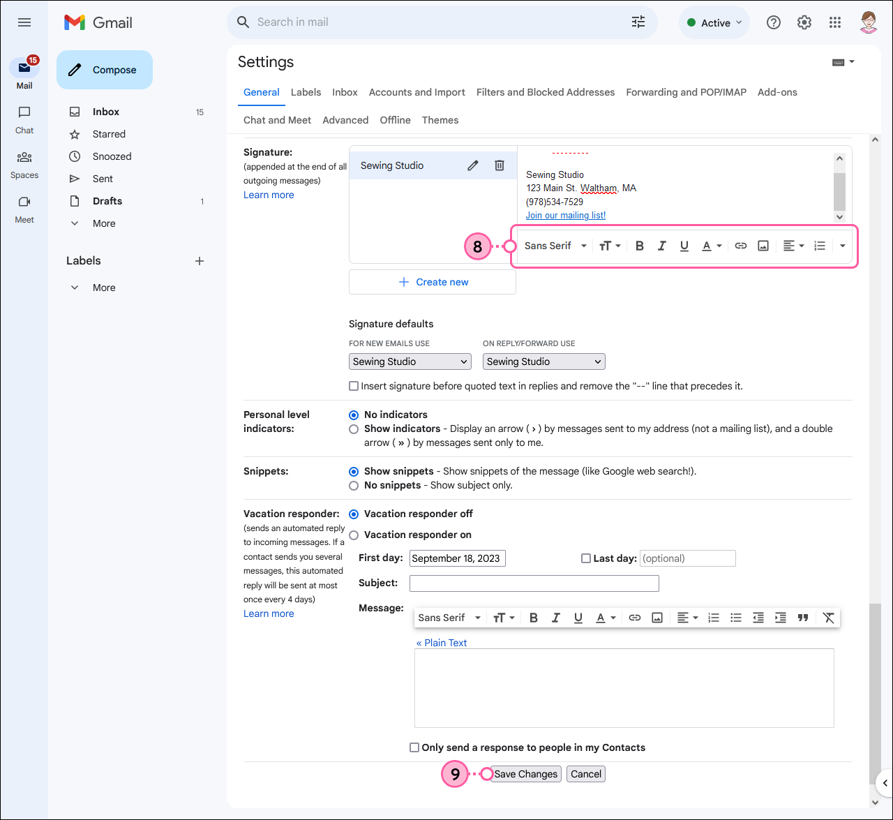 Gmail-Einstellungen, Abschnitt Signature (Signatur) mit Textbearbeitungswerkzeugen und Schaltfläche Save Changes (Änderungen speichern)