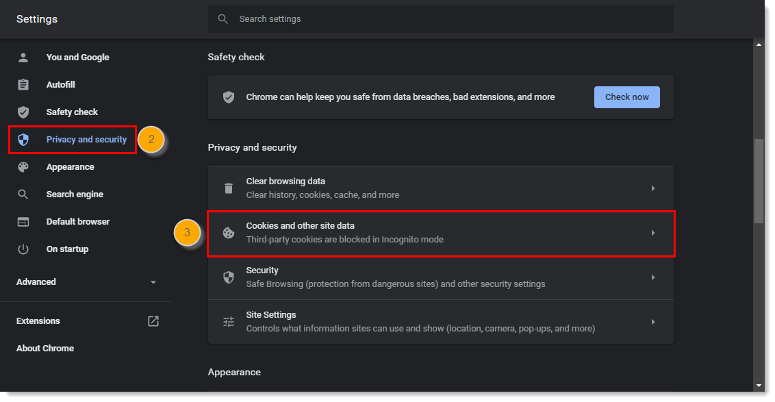 Google Settings, Selected Privacy and Security, and Cookies and Other Site Data Options