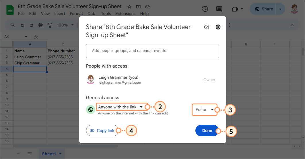 Get link overlay with Anyone with the link option, Editor option, Copy link button, and Done button
