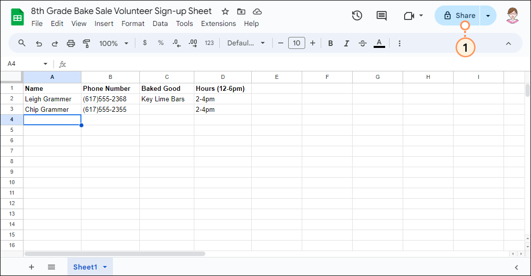 Google Sheet and Share button