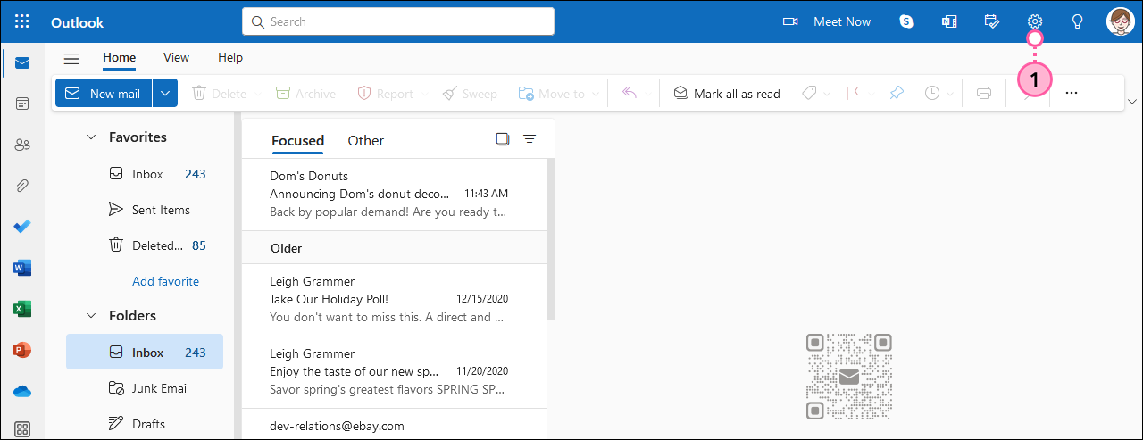 Outlook Posteingang mit Symbol zu den Einstellungen