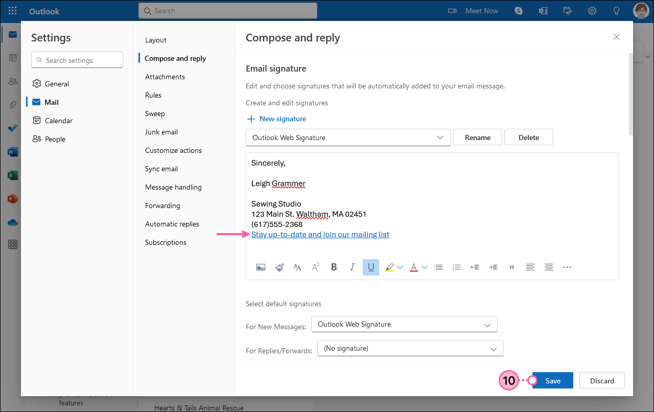 Outlook-Einstellungen mit ausgewählter E-Mail-Option, Option Compose and Reply (Verfassen und Beantworten) ausgewählt, Abschnitt Email signature (E-Mail-Signatur) mit Signatur, die einen Link zur Mailingliste enthält, und Schaltfläche Save (Speichern)