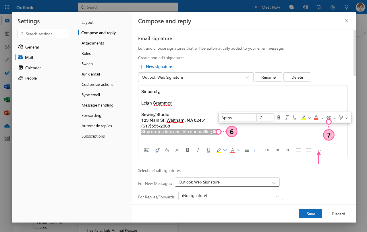 Outlook-Einstellungen mit ausgewählter Option Mail (E-Mail), ausgewählter Option Compose and reply (Verfassen und Beantworten) und Abschnitt Email signature (E-Mail-Signatur) mit hervorgehobenem Link-Text Join our mailing list (Unserer Mailingliste beitreten), erweitertem Menü (Rechtsklick) und ausgewählter Option Link