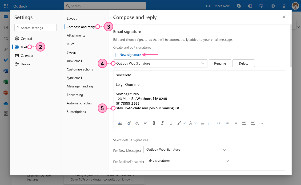 Outlook-Einstellungen mit ausgewählter Option Mail (E-Mail), Option Compose and reply (Verfassen und Beantworten) ausgewählt, Abschnitt Email signature (E-Mail-Signatur) mit Optionen Signature (Signatur) und Signature with Join our mailing list (Signatur mit Link-Text Meiner Mailingliste beitreten)
