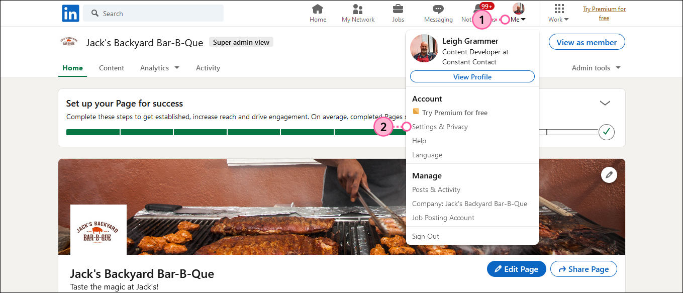 LinkedIn organization page with Me drop-down menu expanded and Settings & Privacy option selected