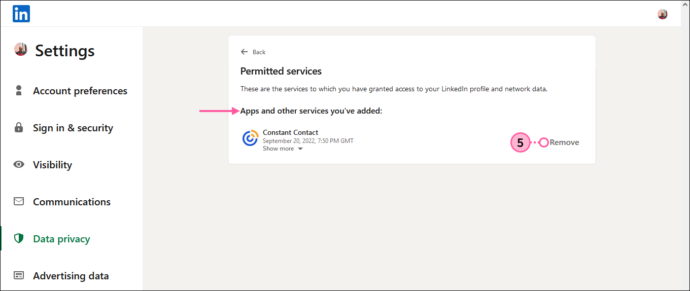 LinkedIn Permitted services options, Apps and other services you've added section, Constant Contact app, and Remove option