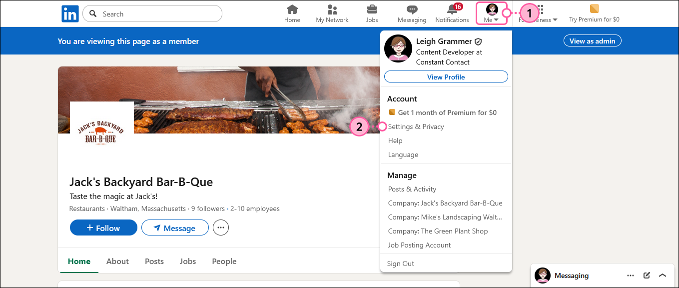 LinkedIn organization page with Me drop-down menu expanded and Settings & Privacy option selected