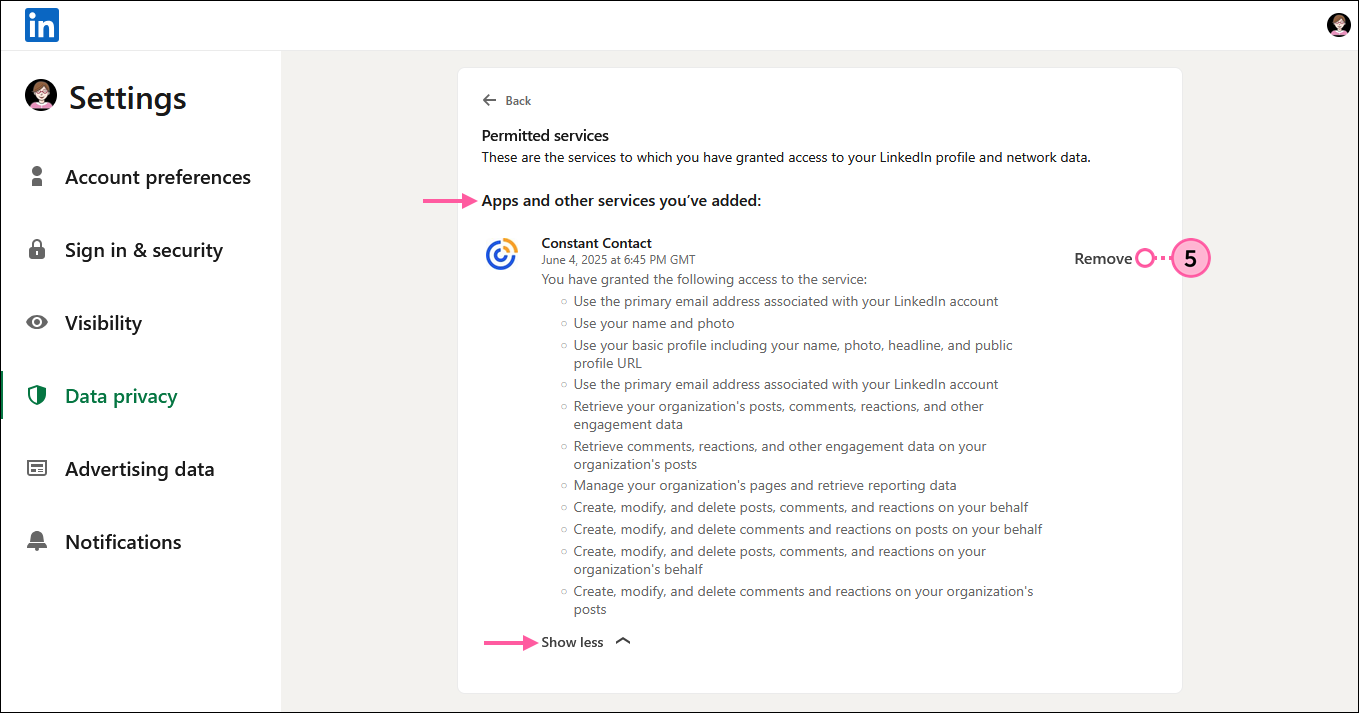 LinkedIn Permitted services options, Apps and other services you've added section, Constant Contact app, and Remove option